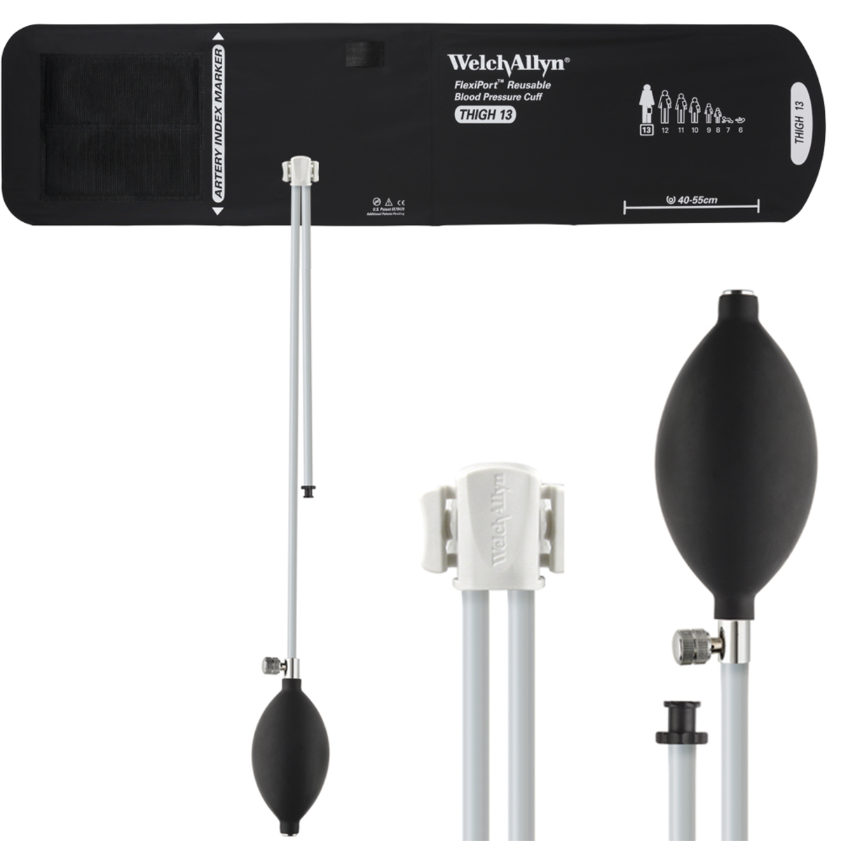 Cuff Blood Pressure, FlexiPort, Size 13, Thigh, 2-Tube [8' & 13'], Tri-Purpose Connector, Inflation Bulb and Valve, Range 40-55 cm, Nylon, Reusable (1/EA) by Hillrom/Welch Allyn  ID REUSE-13-2BV